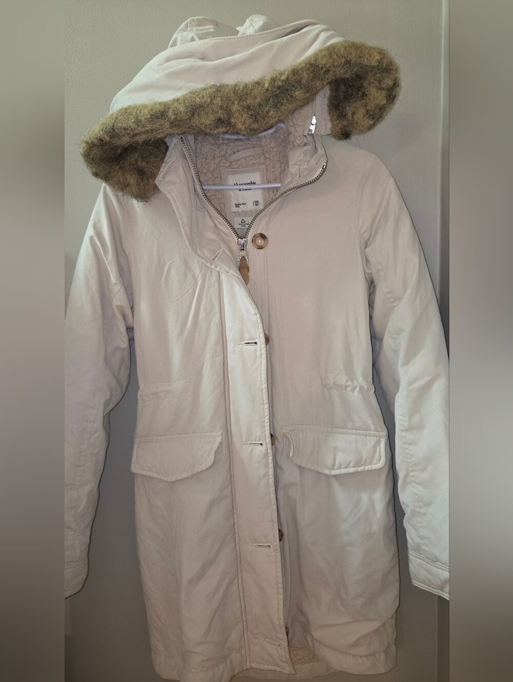 Y2K Era Abercrombie & Fitch Women's Cream Parka with Removable Faux Fur Hood XXS